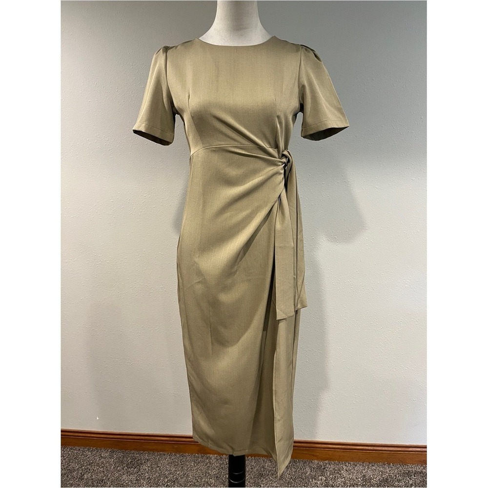 Dazy pale Olive Tie-Waist Midi short sleeves Dress